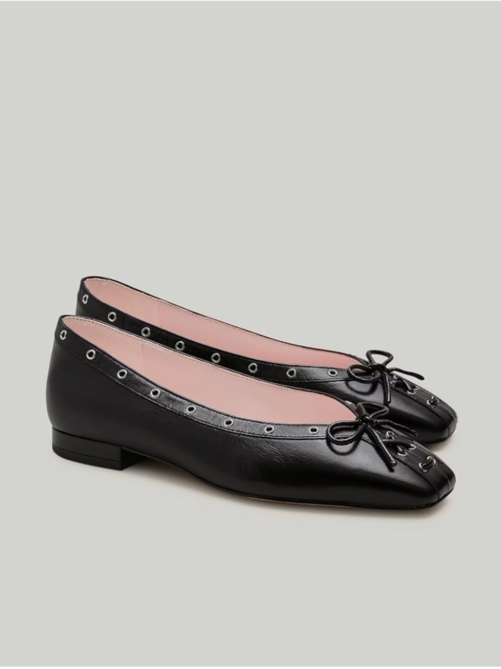 J. Crew Black Leather Ballet Flats with Eyelet Trim and Bow